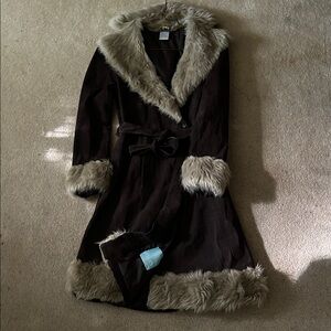delia*s belted suede jacket with faux fur trim S
